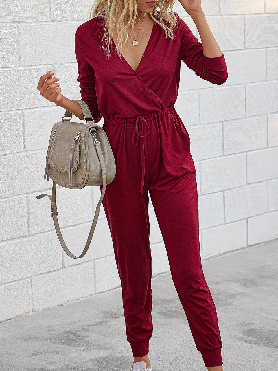 Deep V-Neck Long Sleeve Slim Fit Jumpsuit - Fashionpara