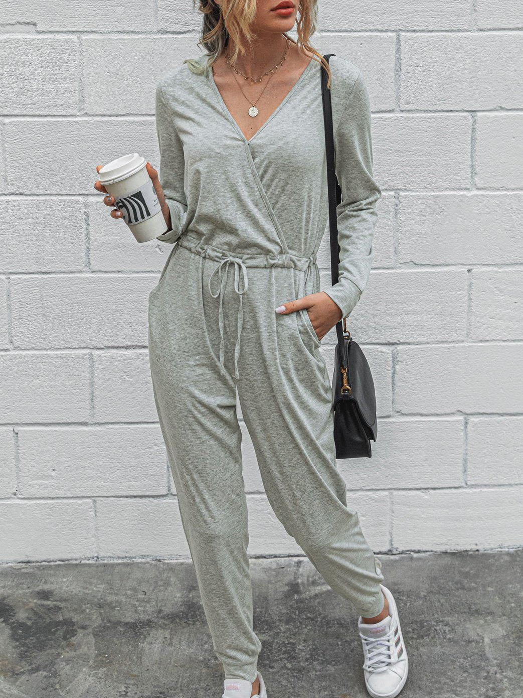 Deep V-Neck Long Sleeve Slim Fit Jumpsuit - Fashionpara