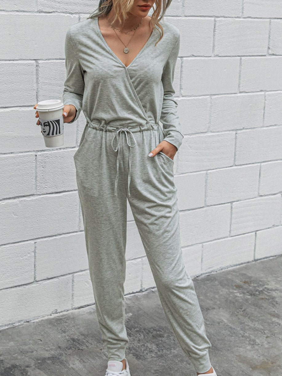 Deep V-Neck Long Sleeve Slim Fit Jumpsuit - Fashionpara