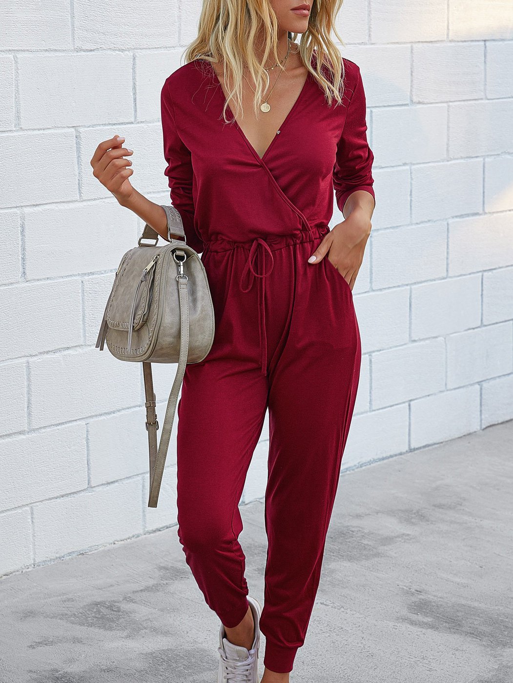 Deep V-Neck Long Sleeve Slim Fit Jumpsuit - Fashionpara