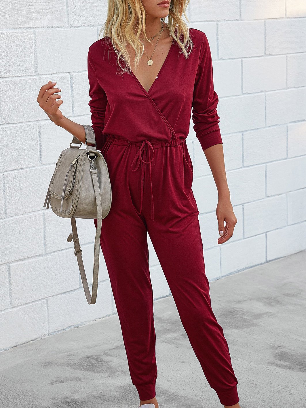 Deep V-Neck Long Sleeve Slim Fit Jumpsuit - Fashionpara