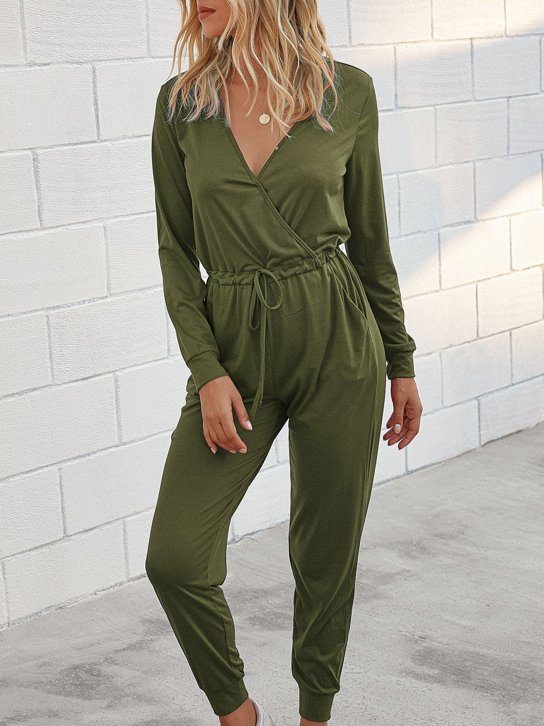 Deep V-Neck Long Sleeve Slim Fit Jumpsuit - Fashionpara