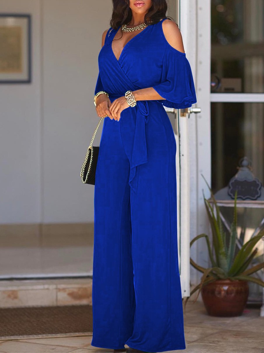 Deep V-Neck Off-Shoulder Belted Wide Leg Jumpsuit - Fashionpara