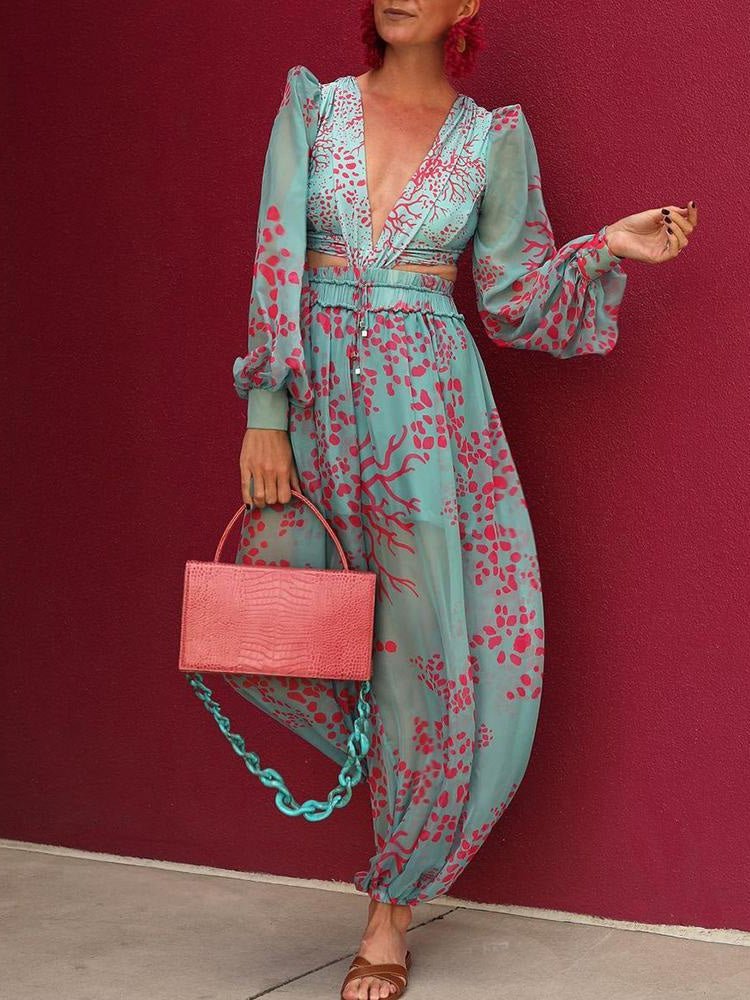 Deep V-Neck Printed Chiffon Long Sleeve Jumpsuit - Fashionpara