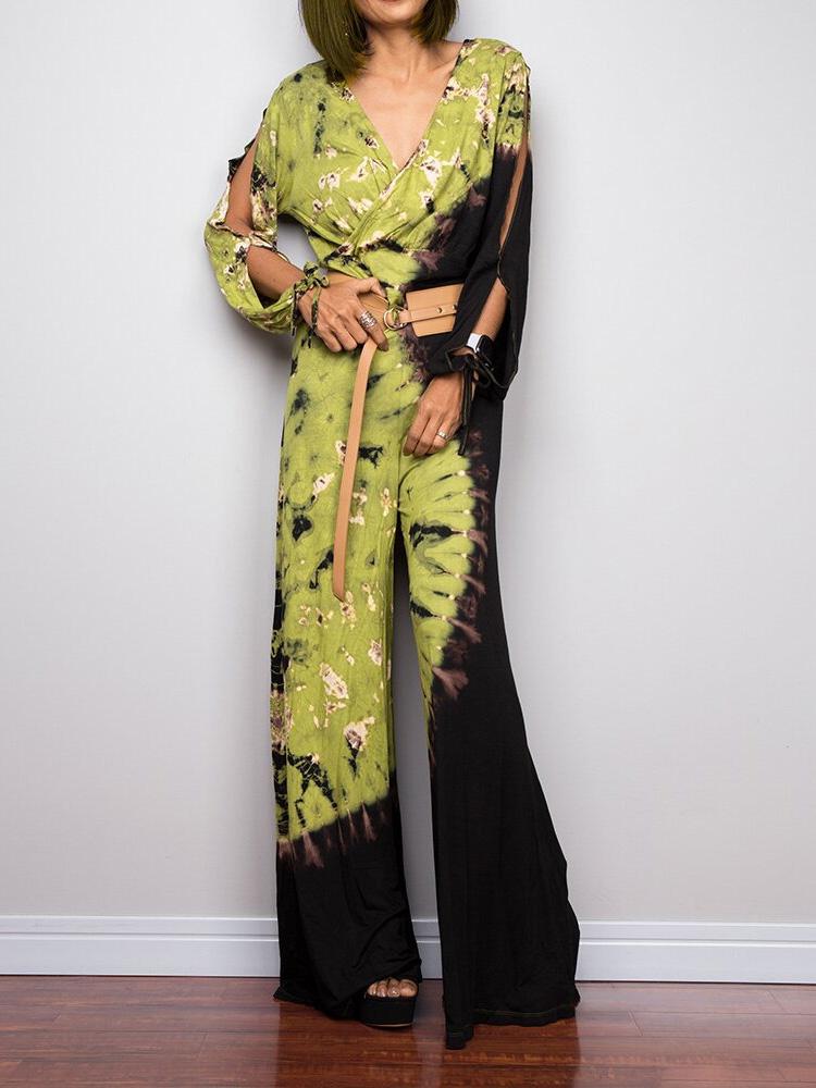 Deep V-Neck Printed Long Sleeve Jumpsuit - Fashionpara