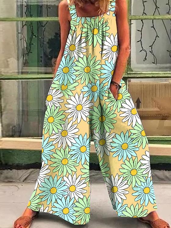 Fashion Printed Loose Strap Wide-Leg Jumpsuits - Fashionpara