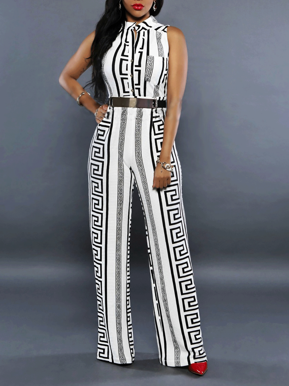 Fashion Printed V-Neck Button Jumpsuit - Fashionpara