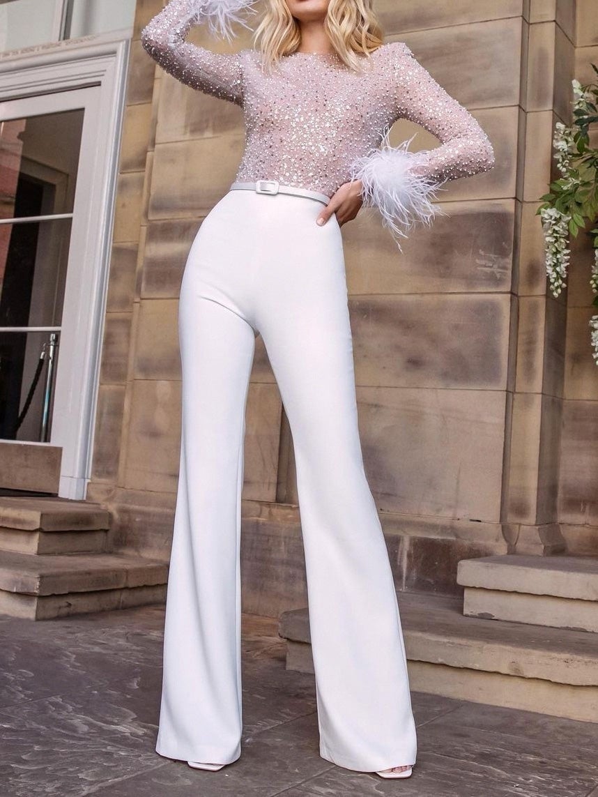 Feather Sequin Stitching Long Sleeve Jumpsuit - Fashionpara