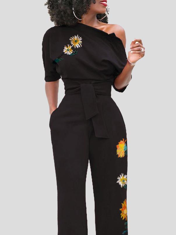 Flower Print One Shoulder Belted Jumpsuit - Fashionpara