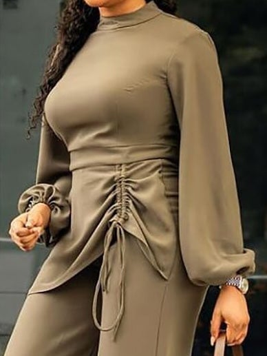 Half Turtleneck Long Sleeve Drawstring Jumpsuit - Fashionpara