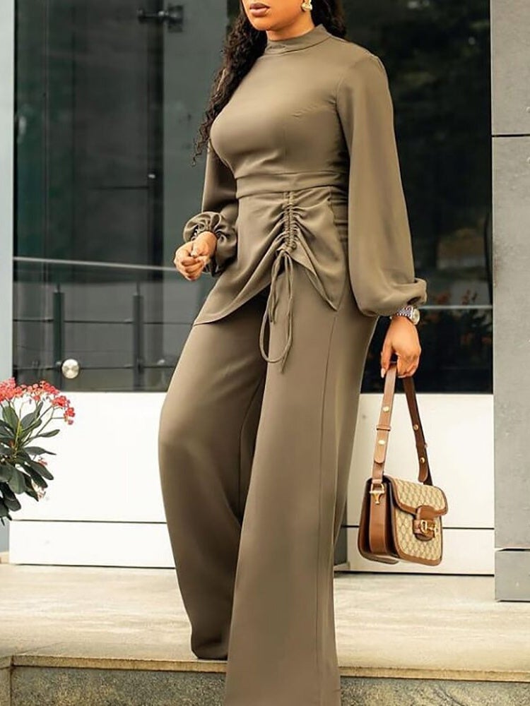 Half Turtleneck Long Sleeve Drawstring Jumpsuit - Fashionpara