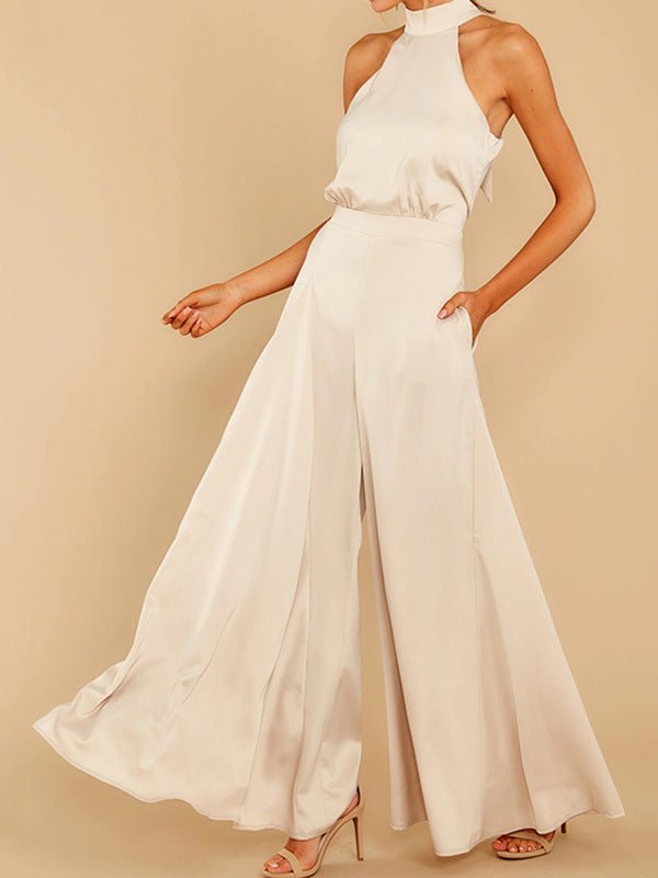 Hanging Neck Off Shoulder Wide Leg Jumpsuit - Fashionpara