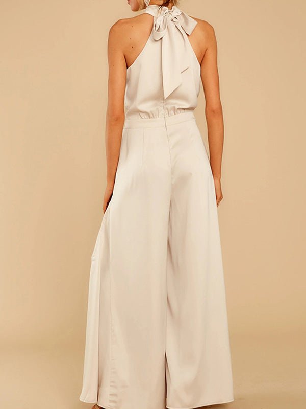 Hanging Neck Off Shoulder Wide Leg Jumpsuit - Fashionpara