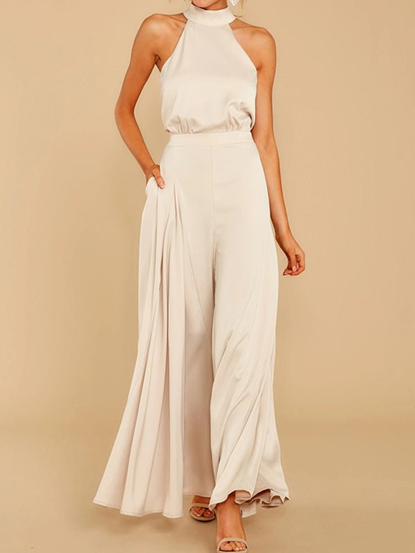 Hanging Neck Off Shoulder Wide Leg Jumpsuit - Fashionpara