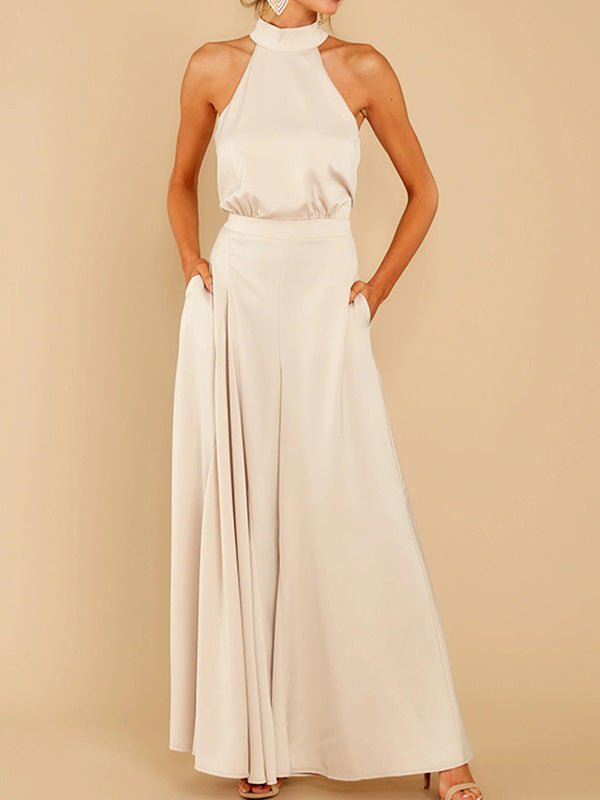 Hanging Neck Off Shoulder Wide Leg Jumpsuit - Fashionpara