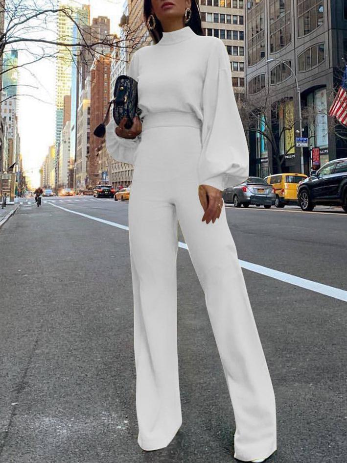 High Neck Open Back Long Sleeve Wide-Leg Jumpsuit - Fashionpara