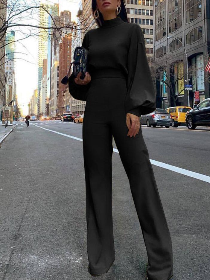 High Neck Open Back Long Sleeve Wide-Leg Jumpsuit - Fashionpara