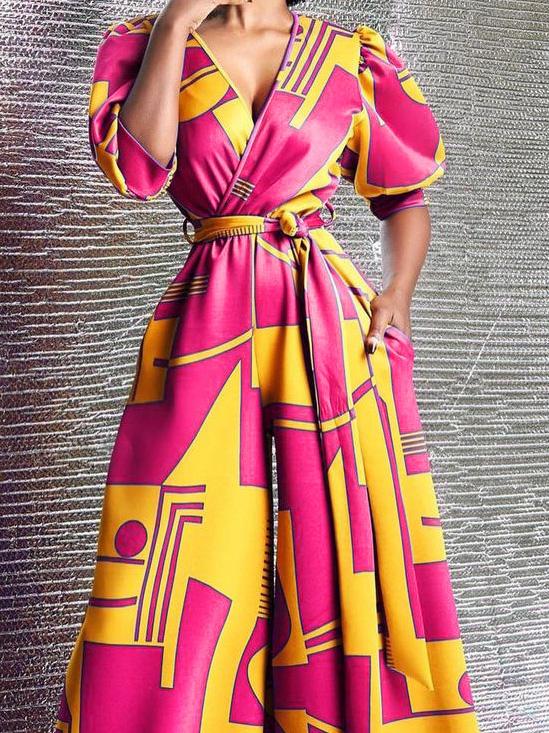 High-Waisted V-Neck Printed Wide-Leg Jumpsuit - Fashionpara