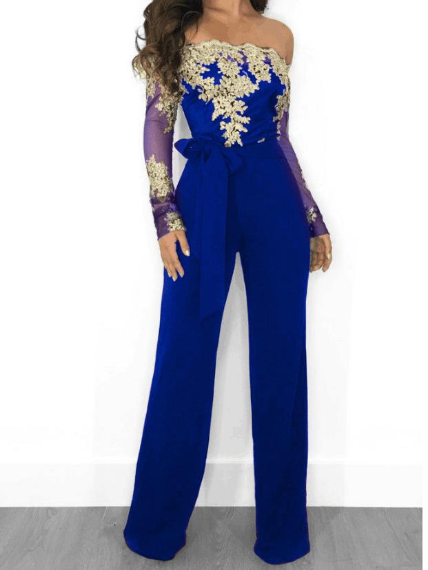 Lace Boat Neck Long Sleeve Wide Leg Jumpsuit - Fashionpara