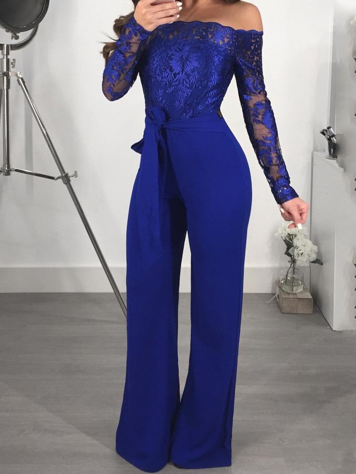 Lace Boat Neck Long Sleeve Wide Leg Jumpsuit - Fashionpara