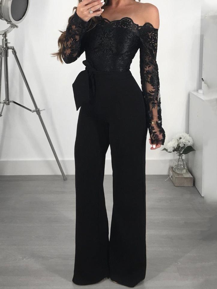 Lace Boat Neck Long Sleeve Wide Leg Jumpsuit - Fashionpara