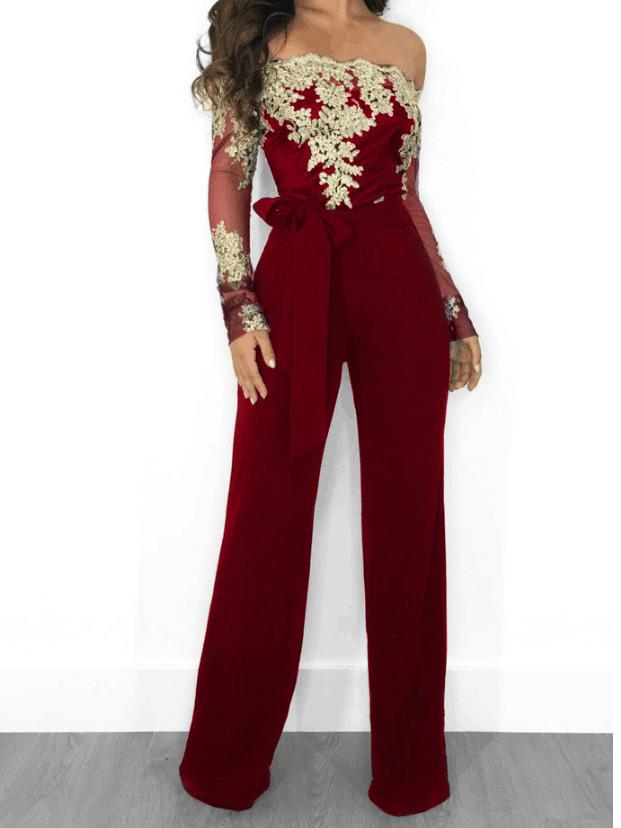 Lace Boat Neck Long Sleeve Wide Leg Jumpsuit - Fashionpara