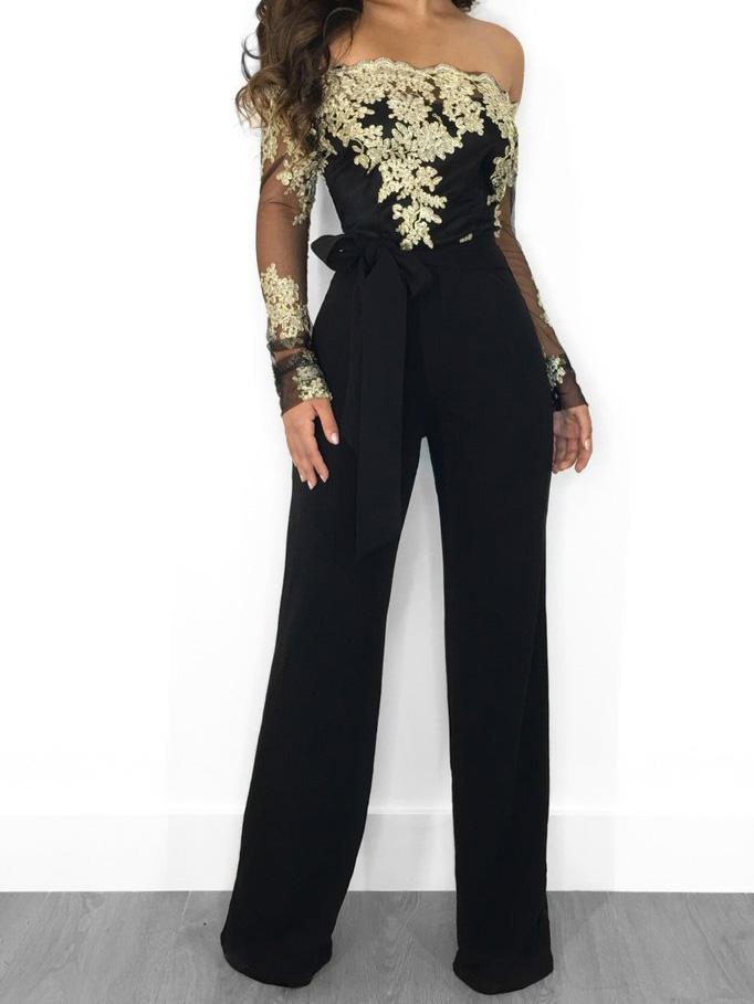 Lace Boat Neck Long Sleeve Wide Leg Jumpsuit - Fashionpara