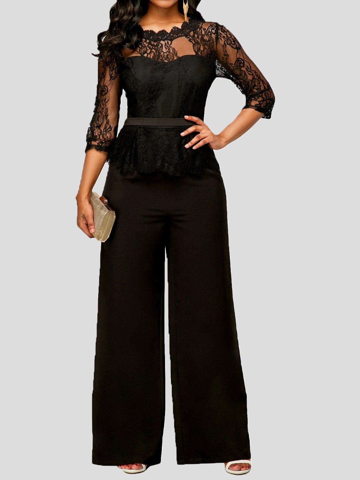 Lace Long Sleeve Wide-Leg Jumpsuit - Fashionpara