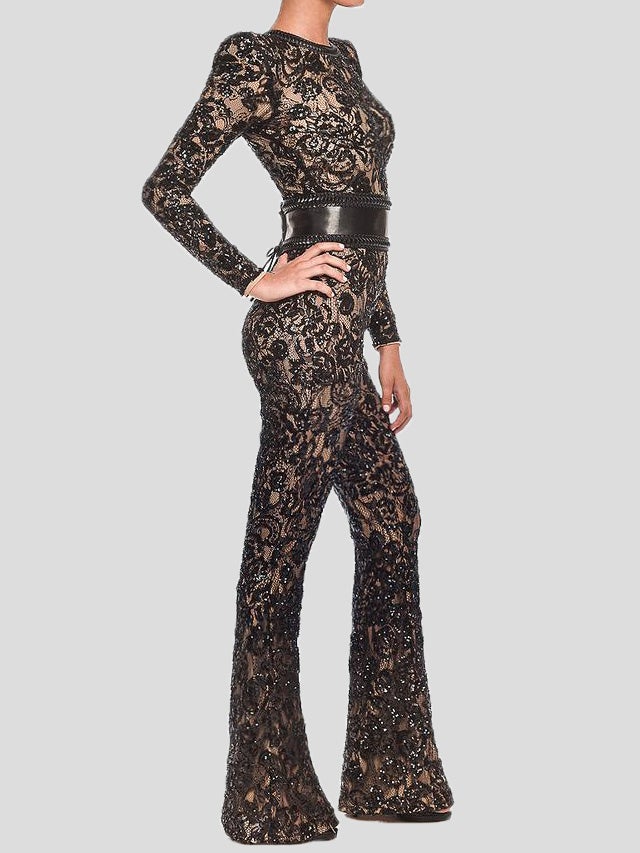 Lace Slim Fit Long Sleeve Jumpsuit - Fashionpara