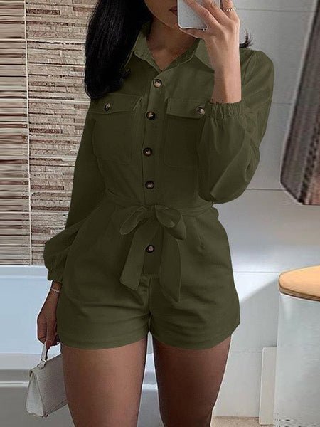 Lapel Long Sleeve Pocket Shorts Casual Jumpsuit - Fashionpara