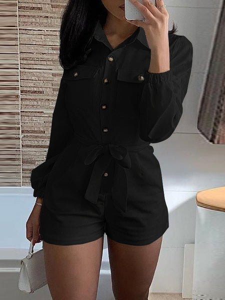 Lapel Long Sleeve Pocket Shorts Casual Jumpsuit - Fashionpara