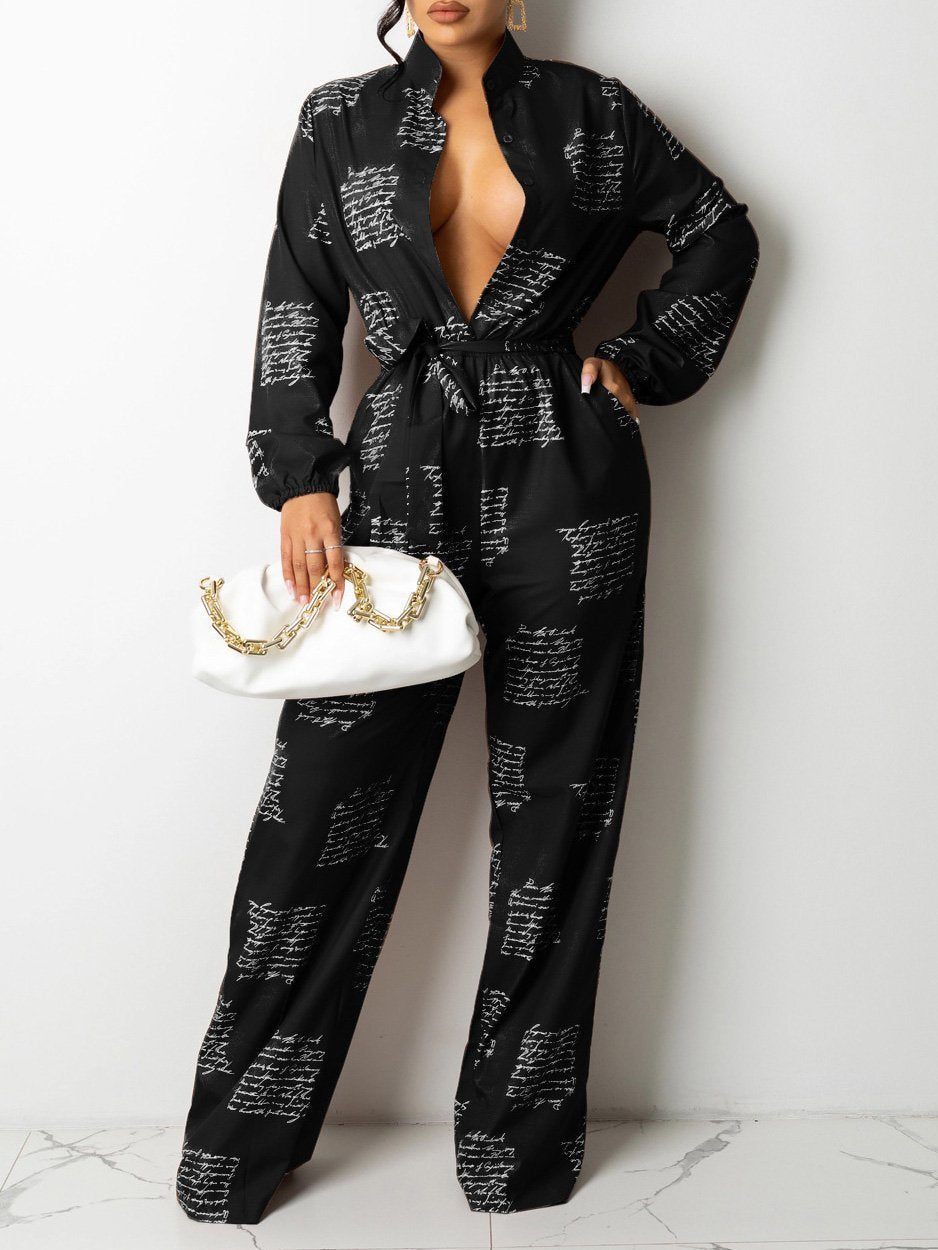 Letter Print Long Sleeve Shirt Jumpsuit With Belt - Fashionpara