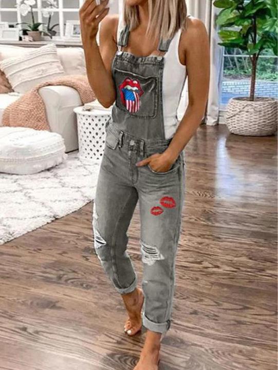 Lip Print Hole Pockets Washed Denim Jumpsuit - Fashionpara