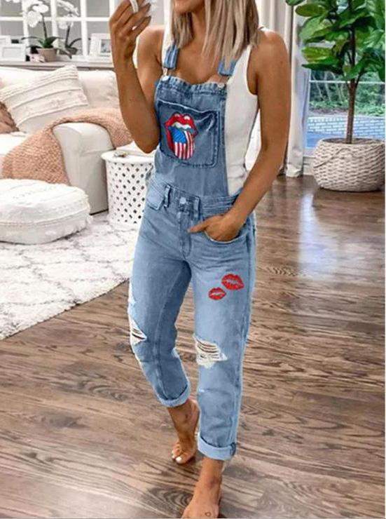 Lip Print Hole Pockets Washed Denim Jumpsuit - Fashionpara