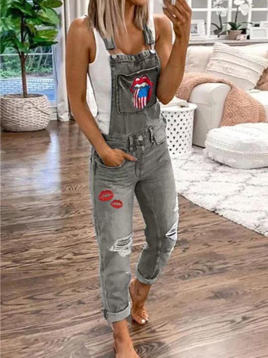 Lip Print Hole Pockets Washed Denim Jumpsuit - Fashionpara