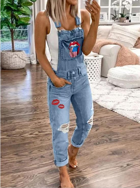 Lip Print Hole Pockets Washed Denim Jumpsuit - Fashionpara