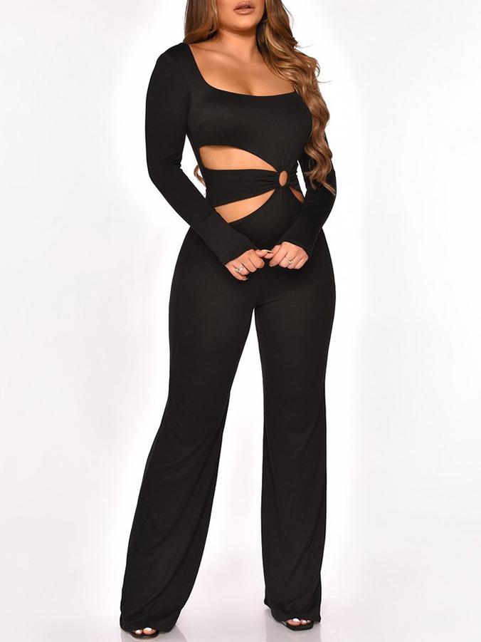 Long Sleeve Cut-Waist Skinny Jumpsuit - Fashionpara