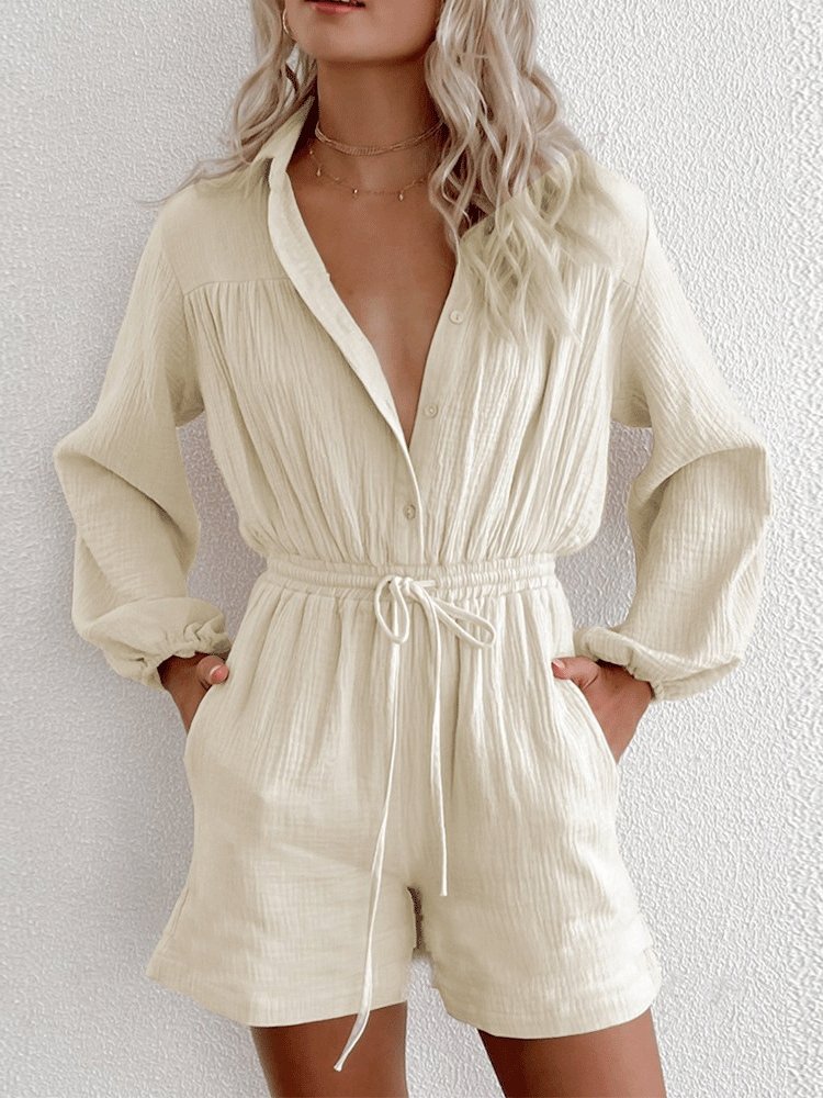 Long Sleeve Drawstring Pocket Single-Breasted Jumpsuit - Fashionpara