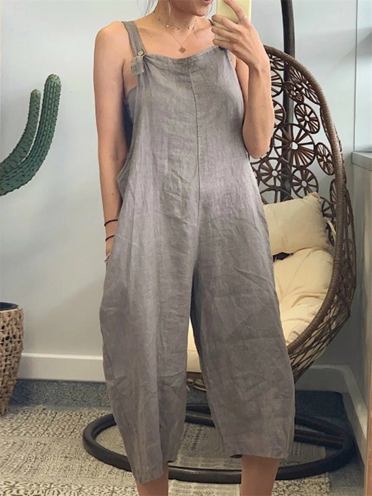 Loose Solid Cotton Linen Bib Jumpsuit - Fashionpara