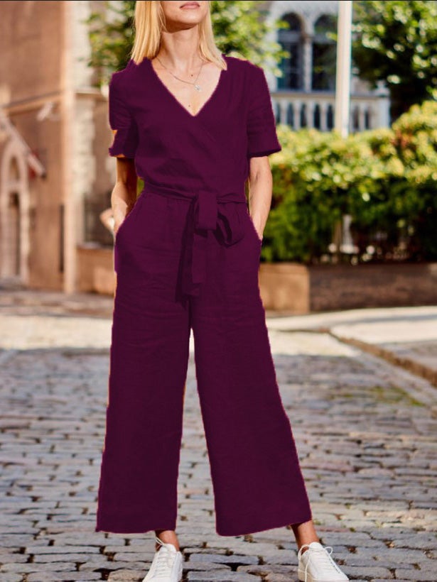 Loose Solid Pocket Short Sleeve Jumpsuit - Fashionpara