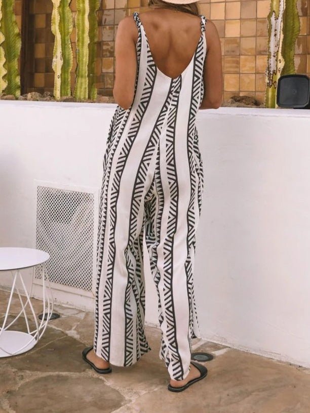 Loose Stripe Print Pocket Jumpsuit - Fashionpara