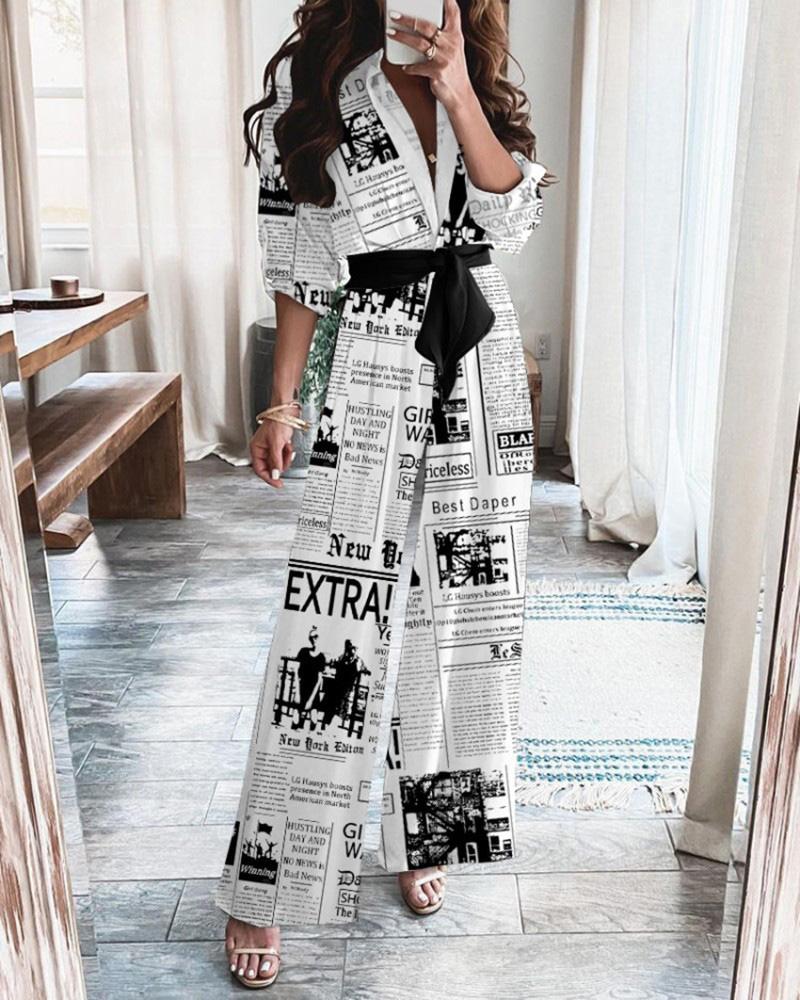 Newspaper Print Long Sleeve Belt Temperament Jumpsuit - Fashionpara