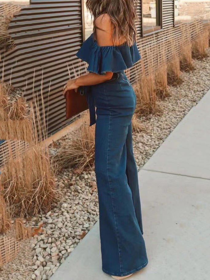 One-Shoulder Ruffled Belted Jumpsuit - Fashionpara