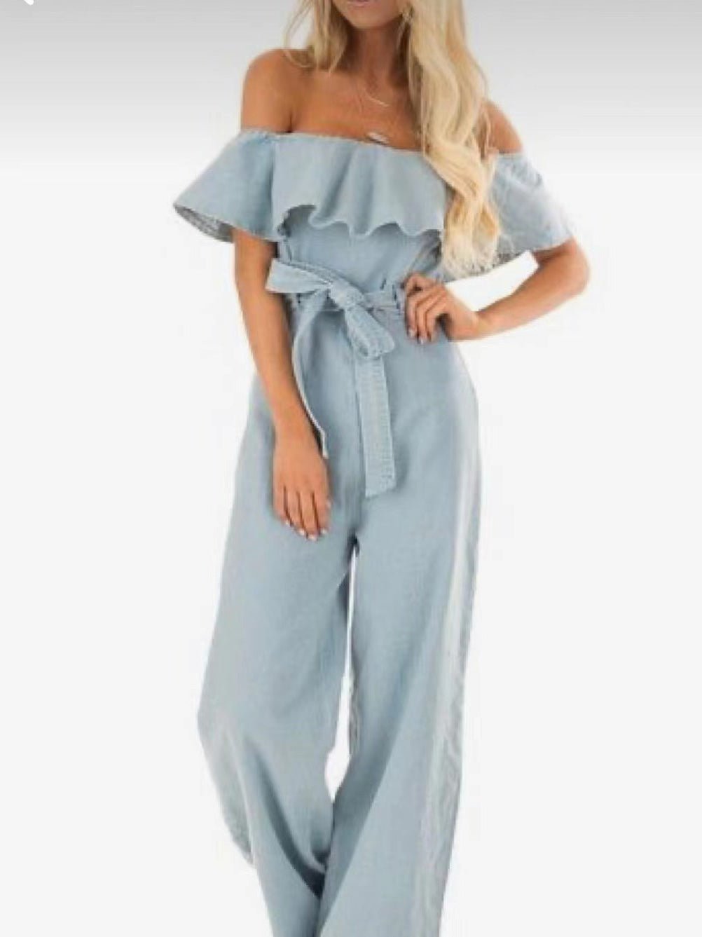 One-Shoulder Ruffled Belted Jumpsuit - Fashionpara