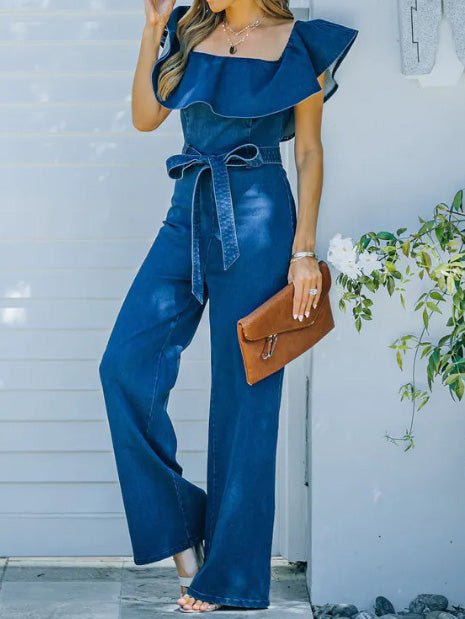 One-Shoulder Ruffled Belted Jumpsuit - Fashionpara