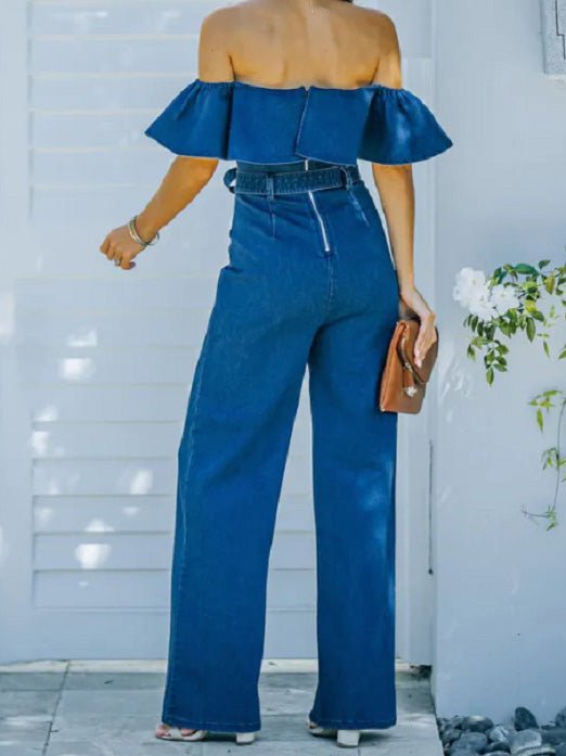 One-Shoulder Ruffled Belted Jumpsuit - Fashionpara