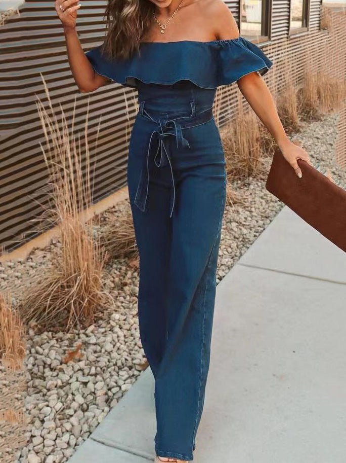 One-Shoulder Ruffled Belted Jumpsuit - Fashionpara