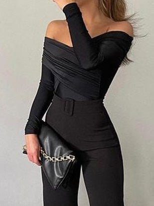 One Word Collar Long Sleeve Slit Jumpsuit - Fashionpara