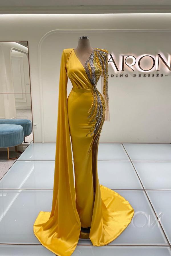 Yellow Long Sleeves Prom Dress Mermaid With Beadings - Fashionpara