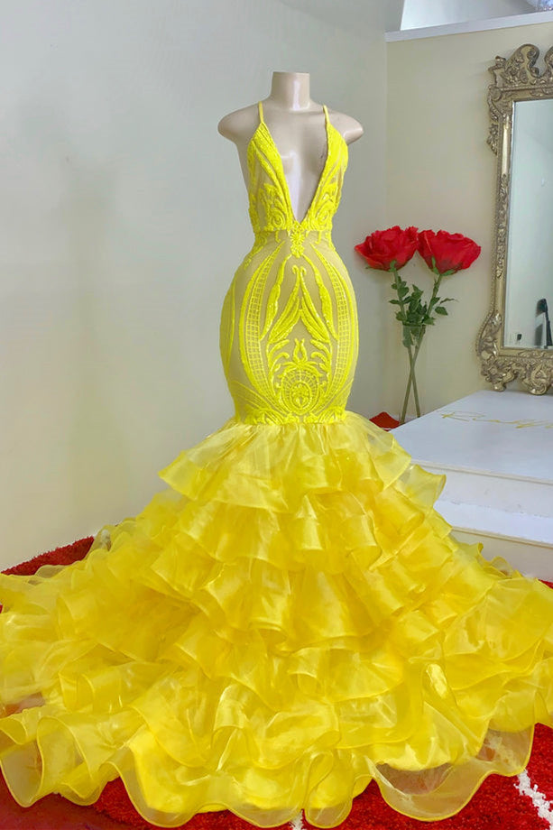 Yellow Mermaid Prom Dress Sleeveless Lace V-Neck With Ruffle